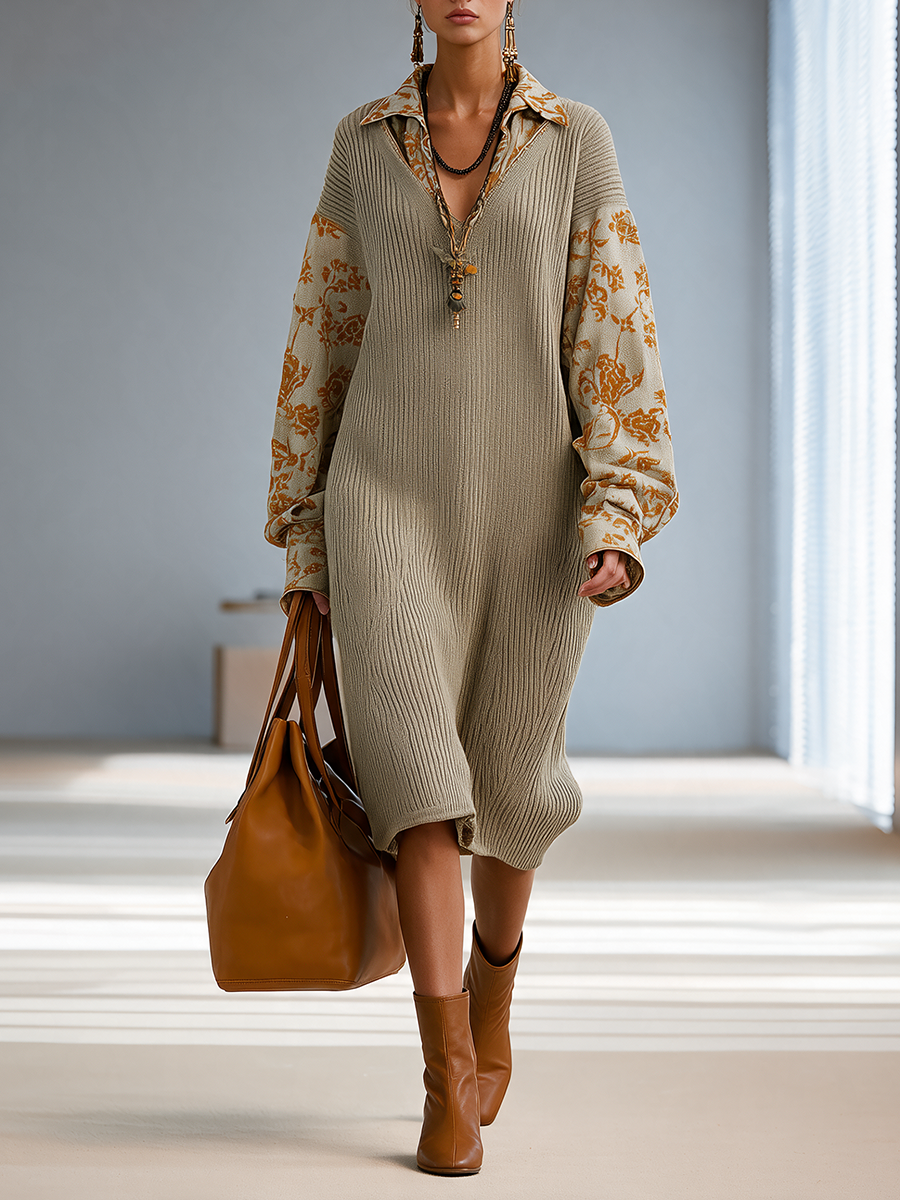 Marguerite | Women's Floral-Paneled Balloon-Sleeve Knit Midi Dress