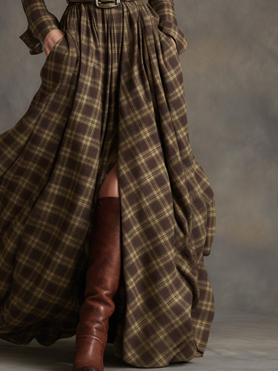 Rosalind | Women's Plaid Lapel Maxi Dress