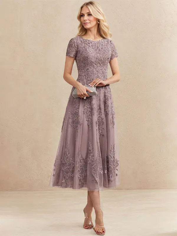 Adeline | Women's Lace A-Line Tea-Length Wedding Guest Dress