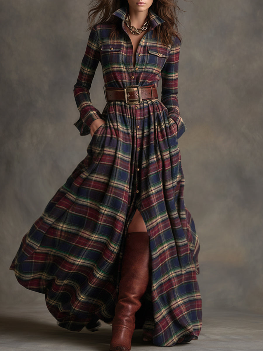 Rosalind | Women's Plaid Lapel Maxi Dress