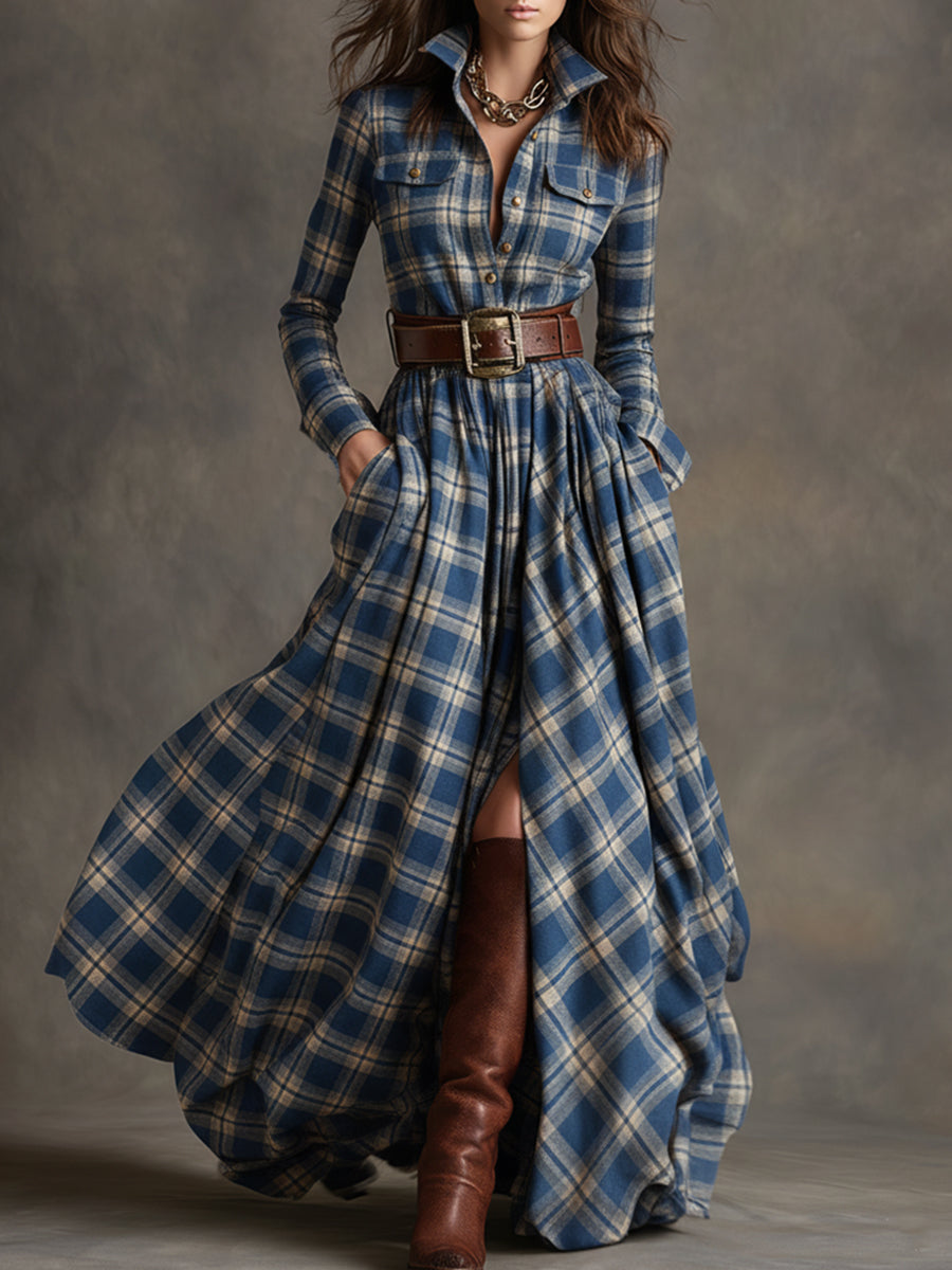 Rosalind | Women's Plaid Lapel Maxi Dress