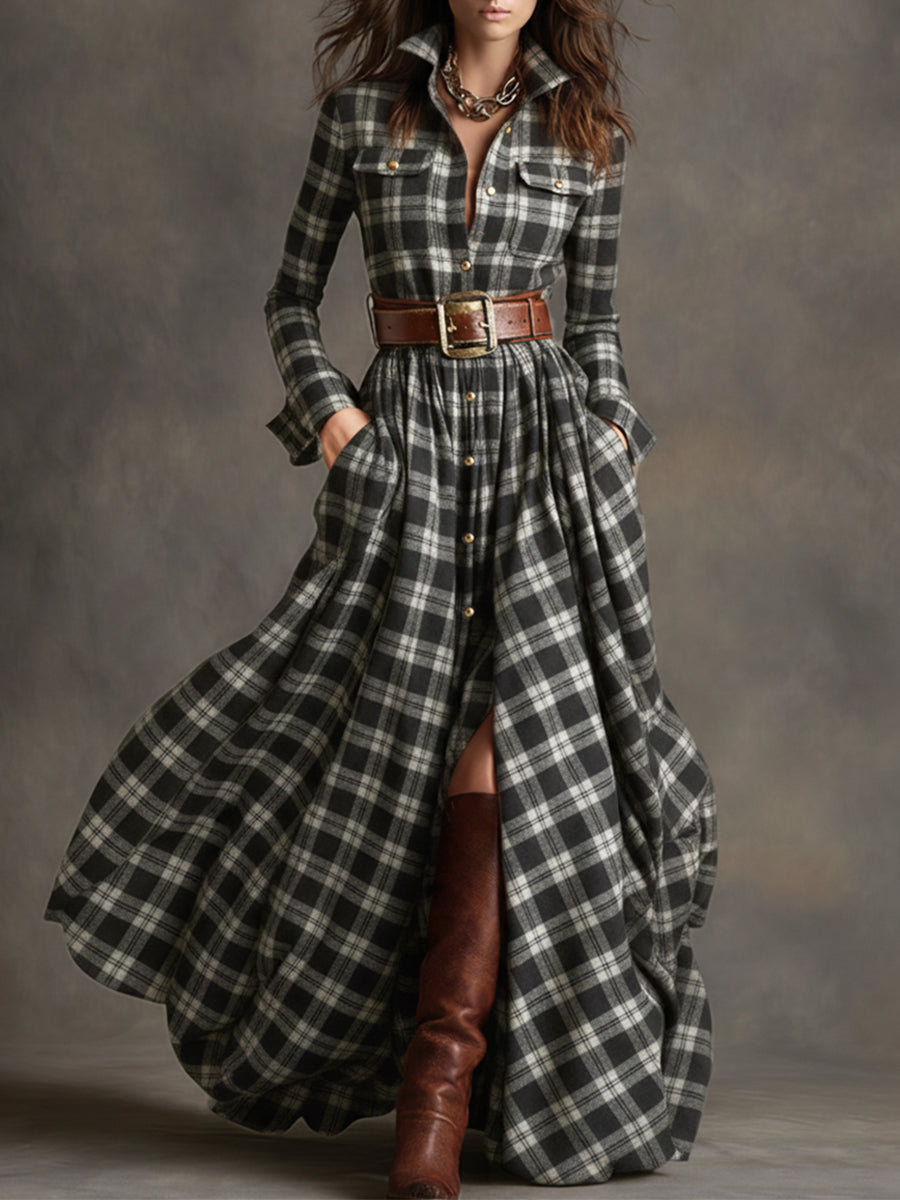 Rosalind | Women's Plaid Lapel Maxi Dress