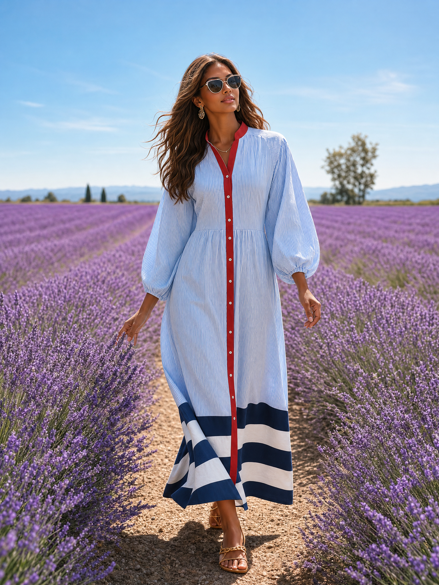 Adeline | Women's Striped Midi Dress with Buttons