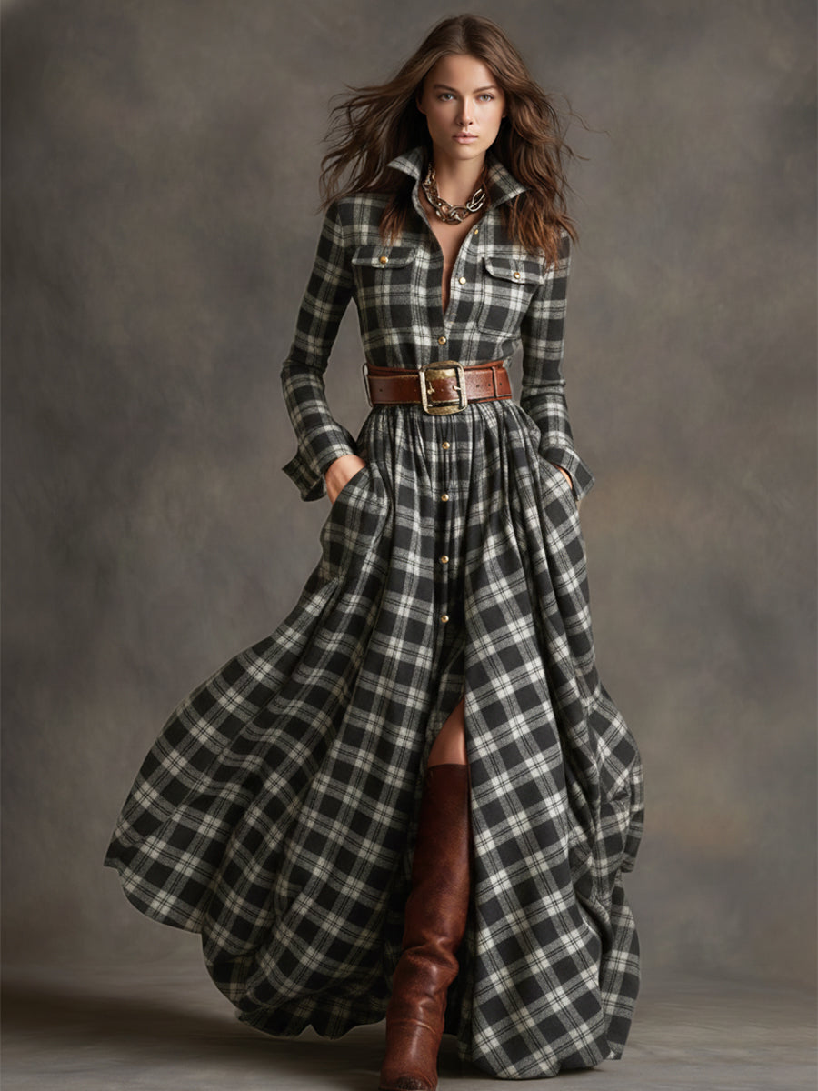 Rosalind | Women's Plaid Lapel Maxi Dress