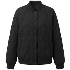 Black diamond quilted button front bomber jacket, front view