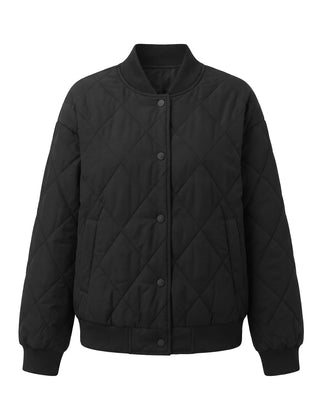 Black diamond quilted button front bomber jacket, front view