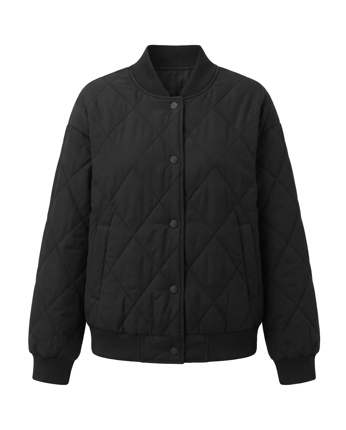 Black diamond quilted button front bomber jacket, front view
