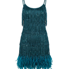 Teal tiered fringe mini dress with feather hem, front view
