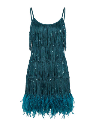 Teal tiered fringe mini dress with feather hem, front view