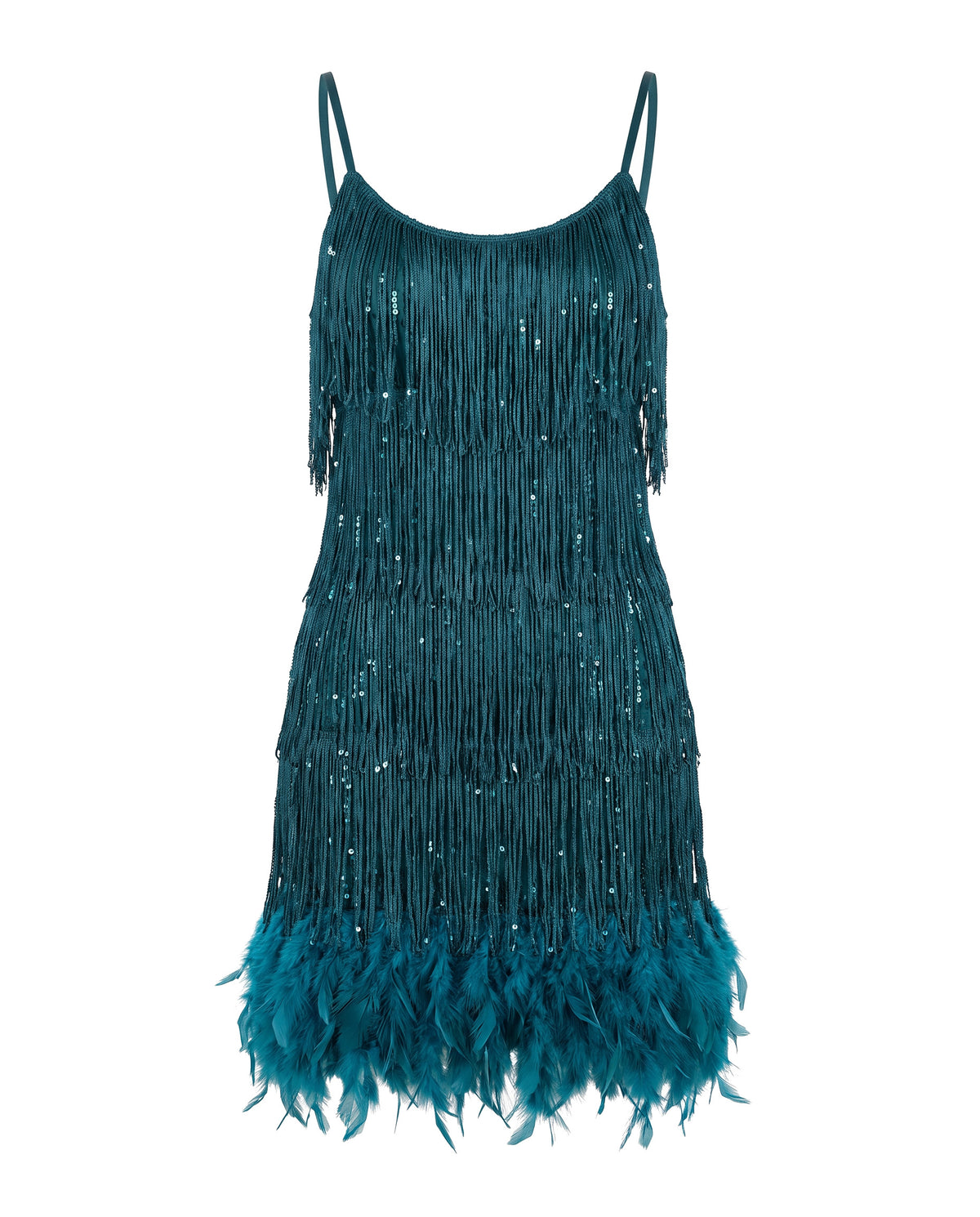 Teal tiered fringe mini dress with feather hem, front view