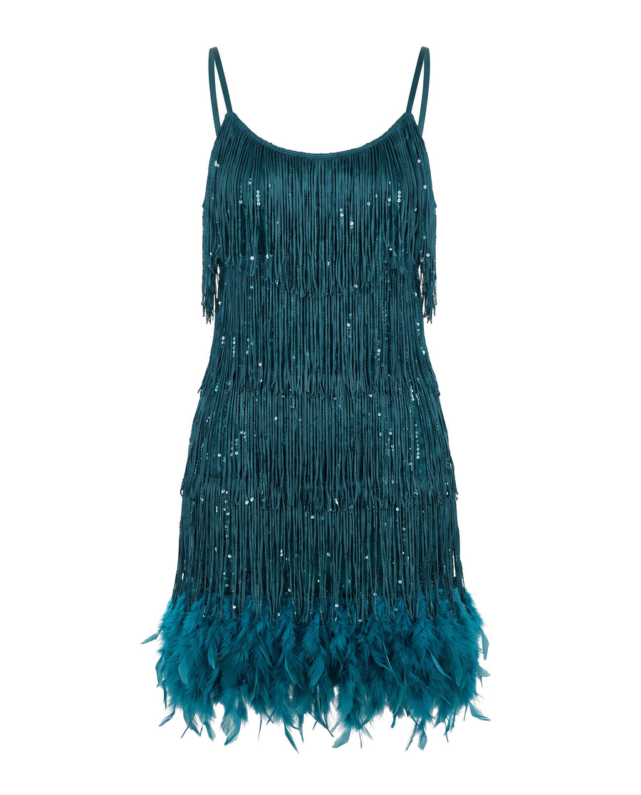 Teal tiered fringe mini dress with feather hem, front view