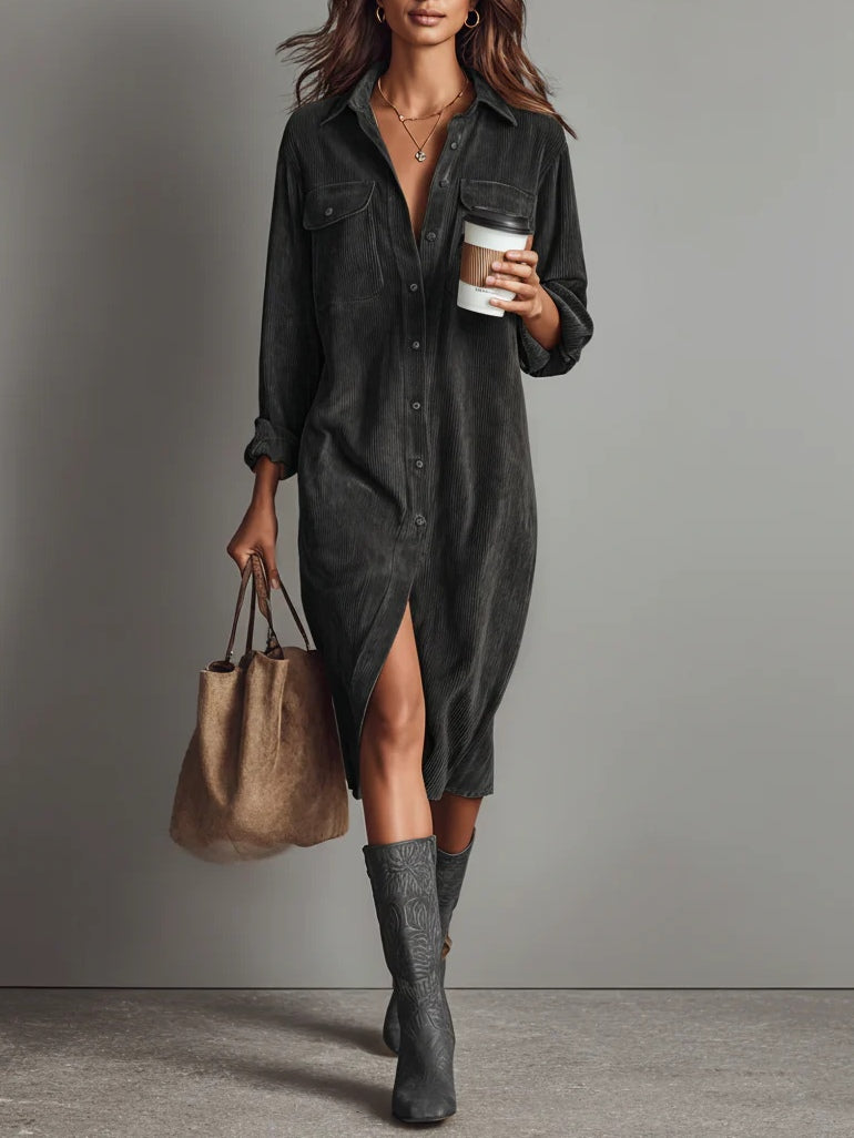 Corinne | Women's Corduroy Midi Shirt Dress with Pockets