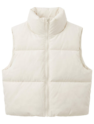 Cream white cropped puffer vest, front view