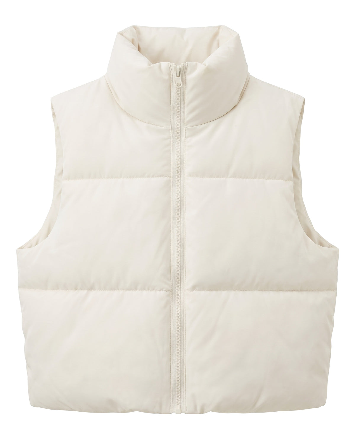 Cream white cropped puffer vest, front view