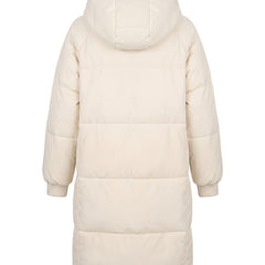 Cream white oversized longline hooded puffer coat, back view