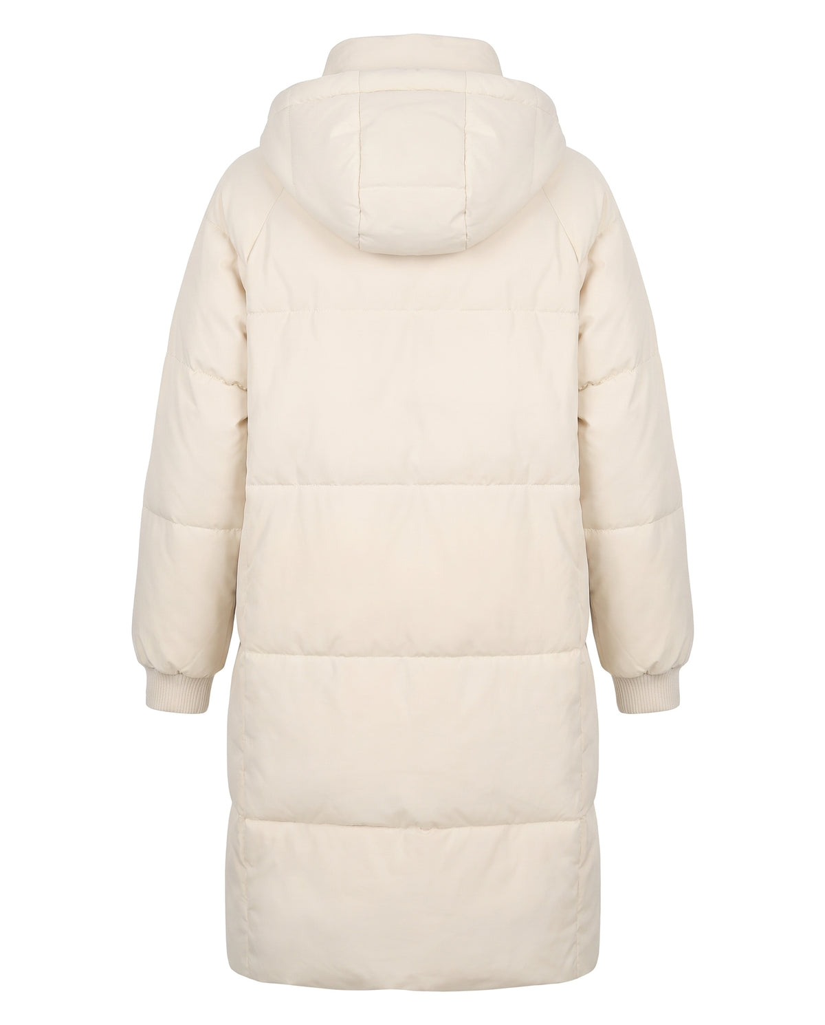 Cream white oversized longline hooded puffer coat, back view