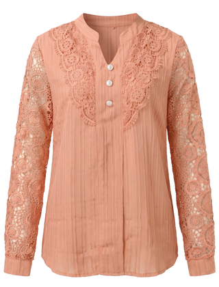Beatrice women's crochet lace yoke blouse in peach on a white background
