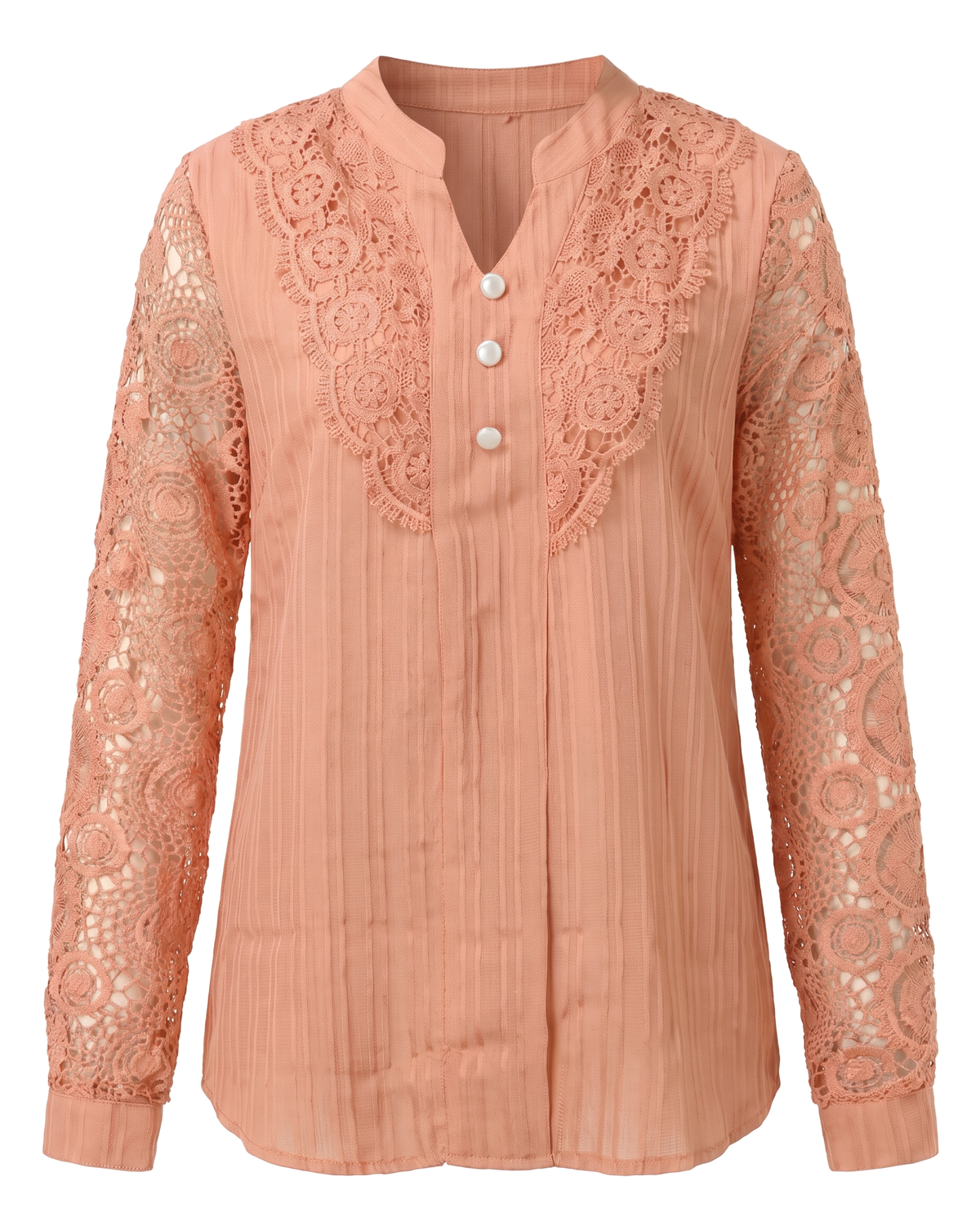 Beatrice women's crochet lace yoke blouse in peach on a white background