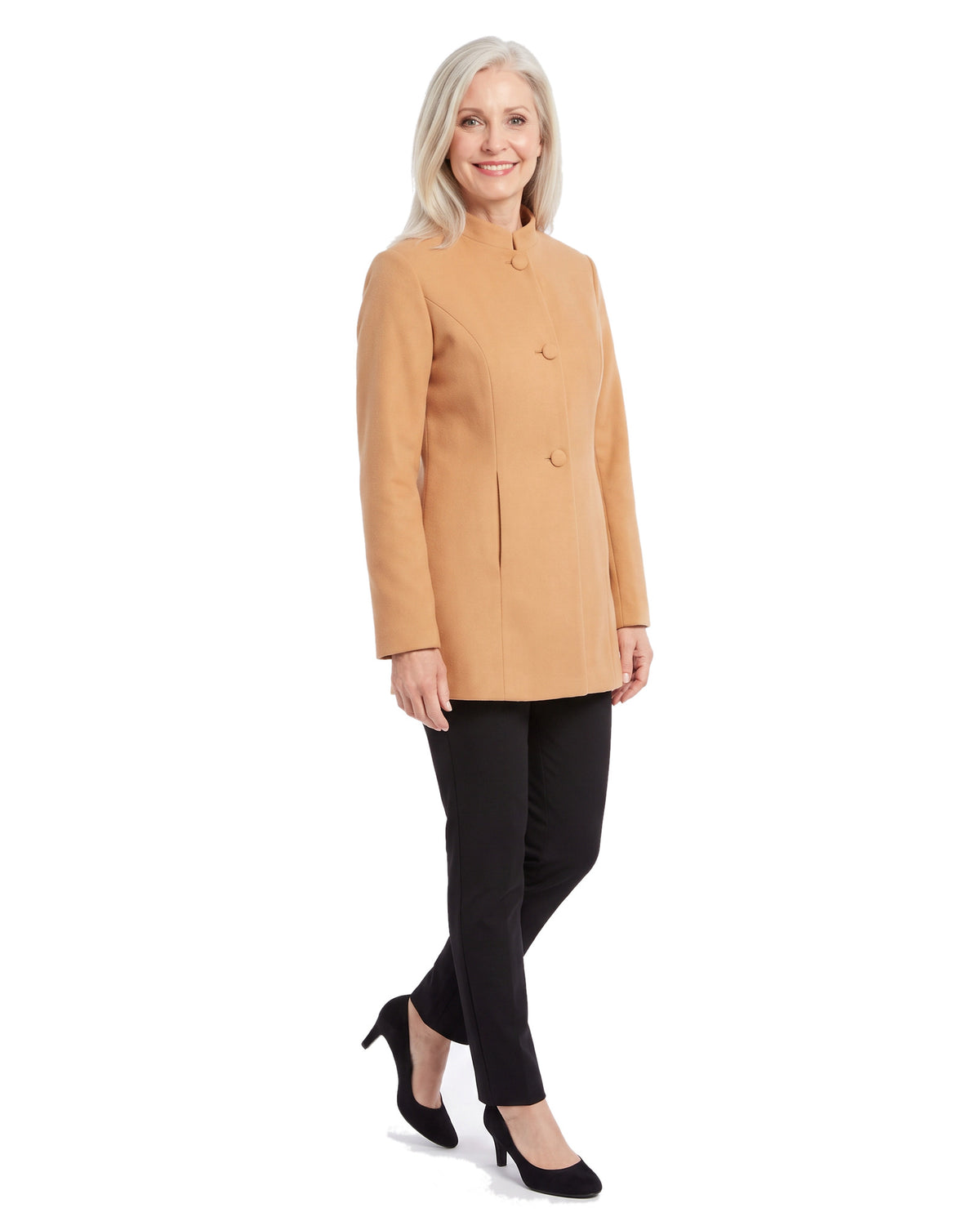 Model wearing the apricot stand collar coat, three-quarter walking pose