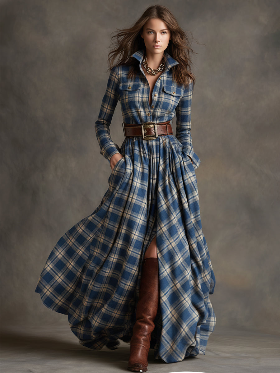 Rosalind | Women's Plaid Lapel Maxi Dress