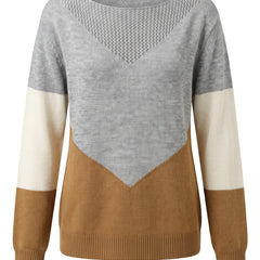 Women's color block boat neck pointelle knit sweater in khaki, grey and cream, front view