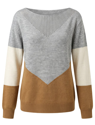 Women's color block boat neck pointelle knit sweater in khaki, grey and cream, front view