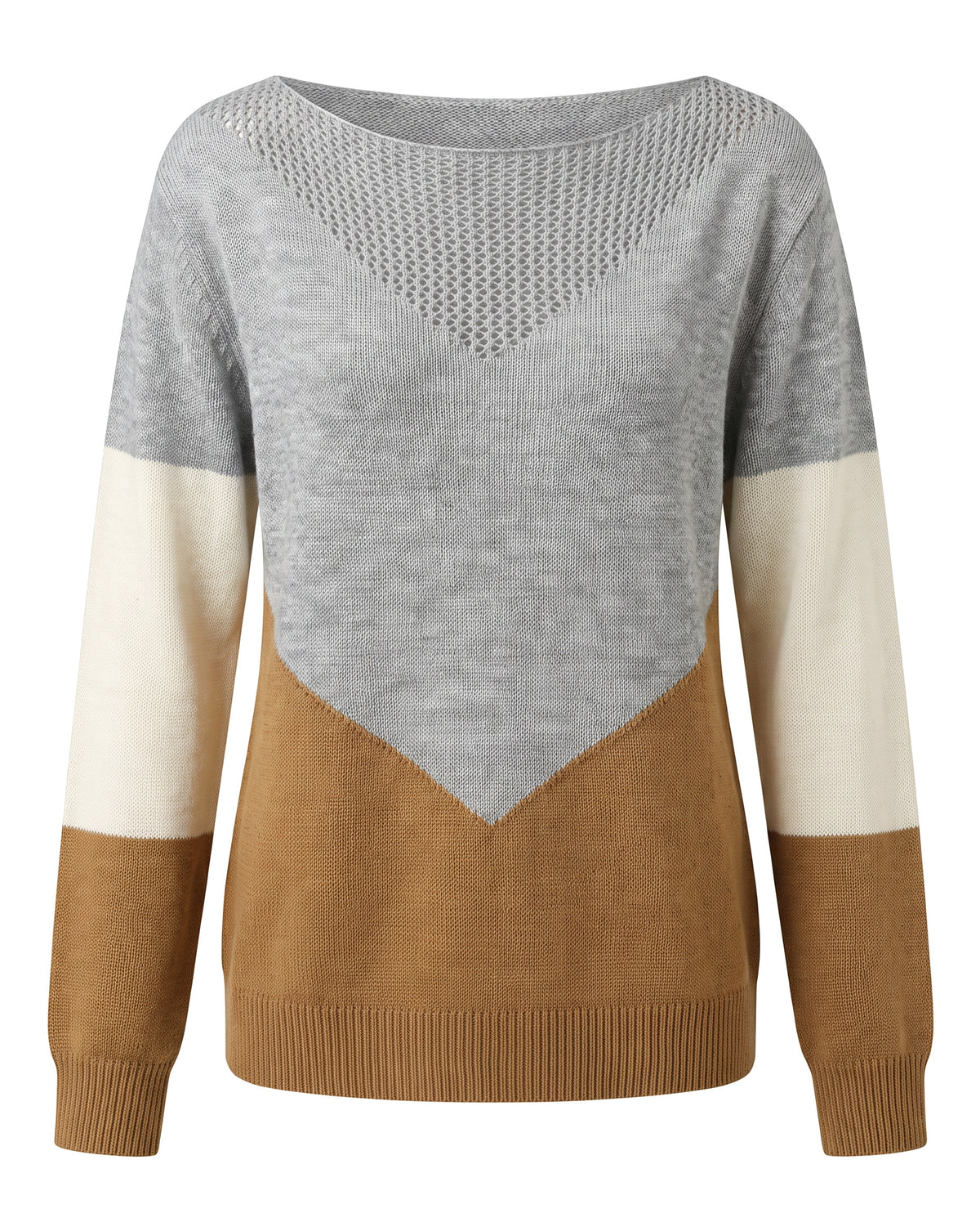 Women's color block boat neck pointelle knit sweater in khaki, grey and cream, front view