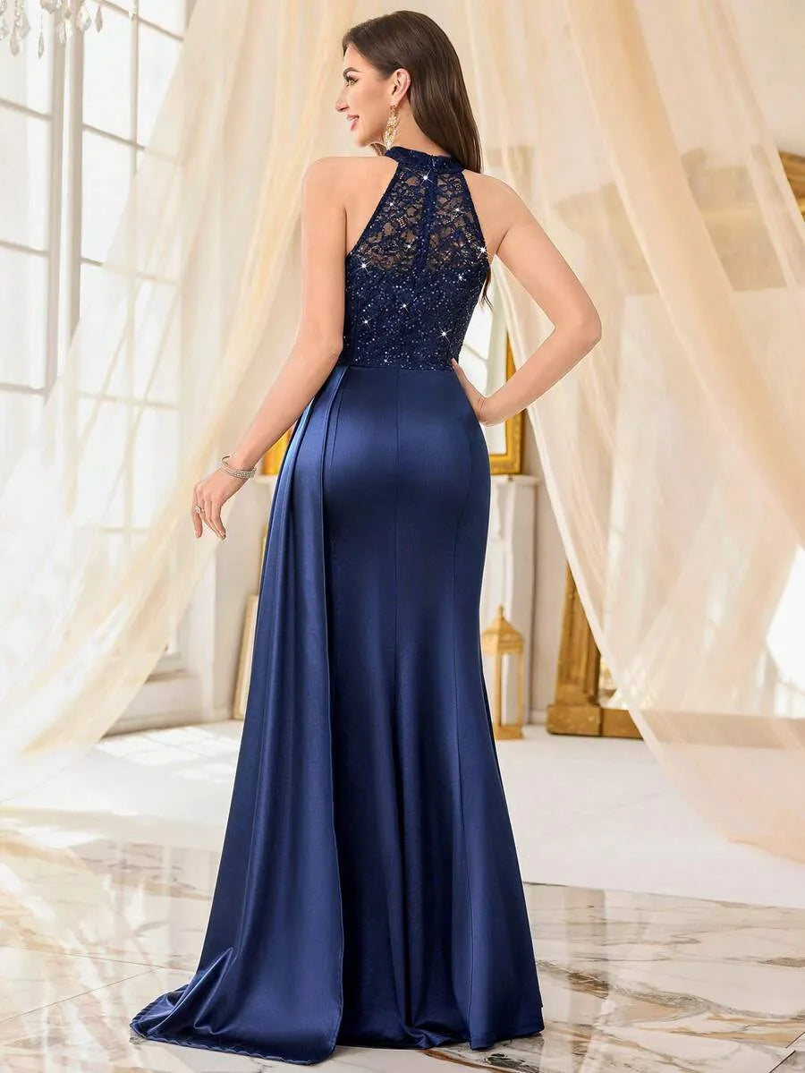Valentina | Women's Sequin Lace Draped Maxi Evening Dress