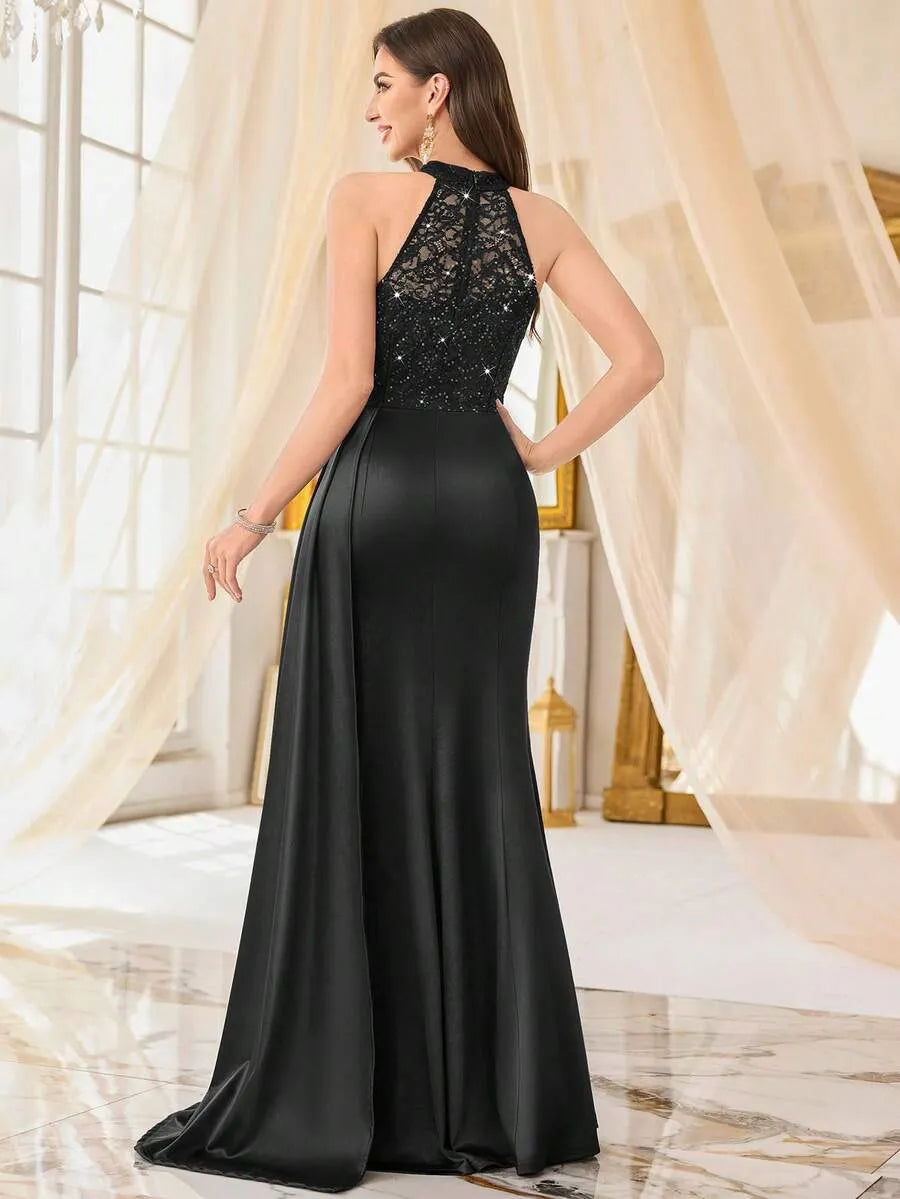 Valentina | Women's Sequin Lace Draped Maxi Evening Dress