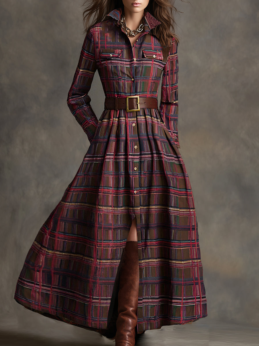 Rosalind | Women's Plaid Lapel Maxi Dress