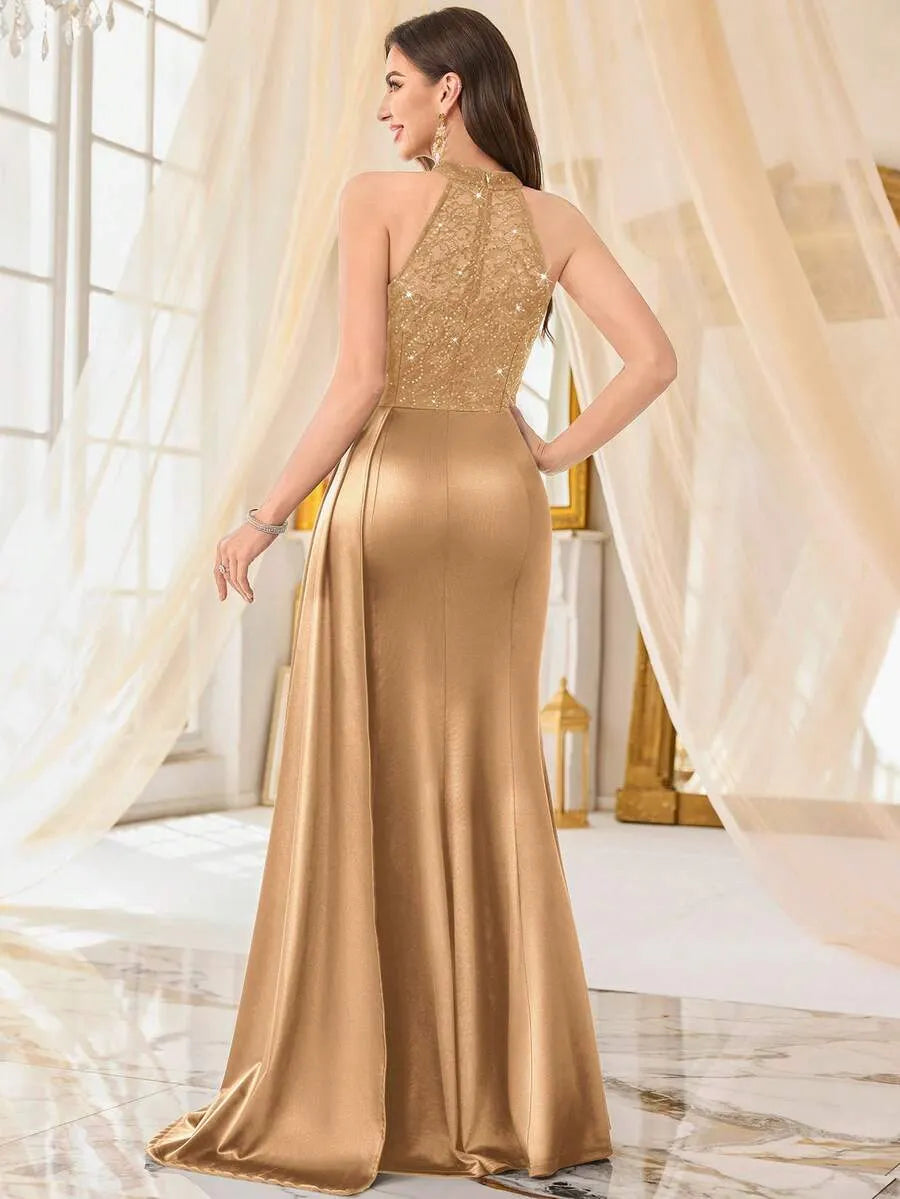 Valentina | Women's Sequin Lace Draped Maxi Evening Dress