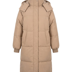 Khaki oversized longline hooded puffer coat, front view