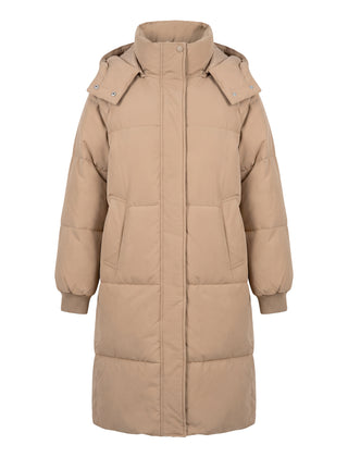 Khaki oversized longline hooded puffer coat, front view