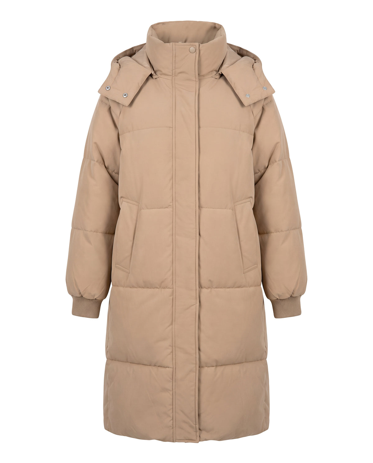 Khaki oversized longline hooded puffer coat, front view