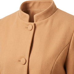 Close-up of the stand collar and covered buttons on the women's coat