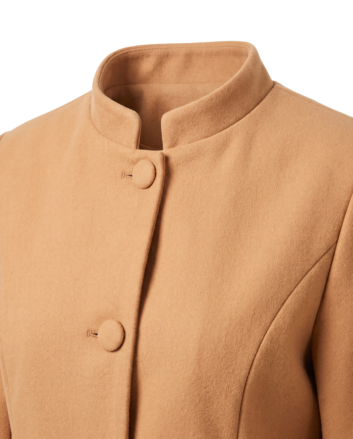 Close-up of the stand collar and covered buttons on the women's coat