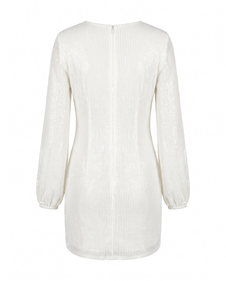 White sequin mini dress back view with center back zip