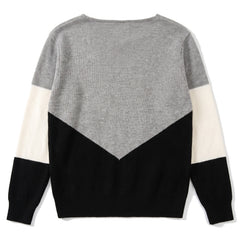 Women's color block boat neck knit sweater in black, grey and cream, back view