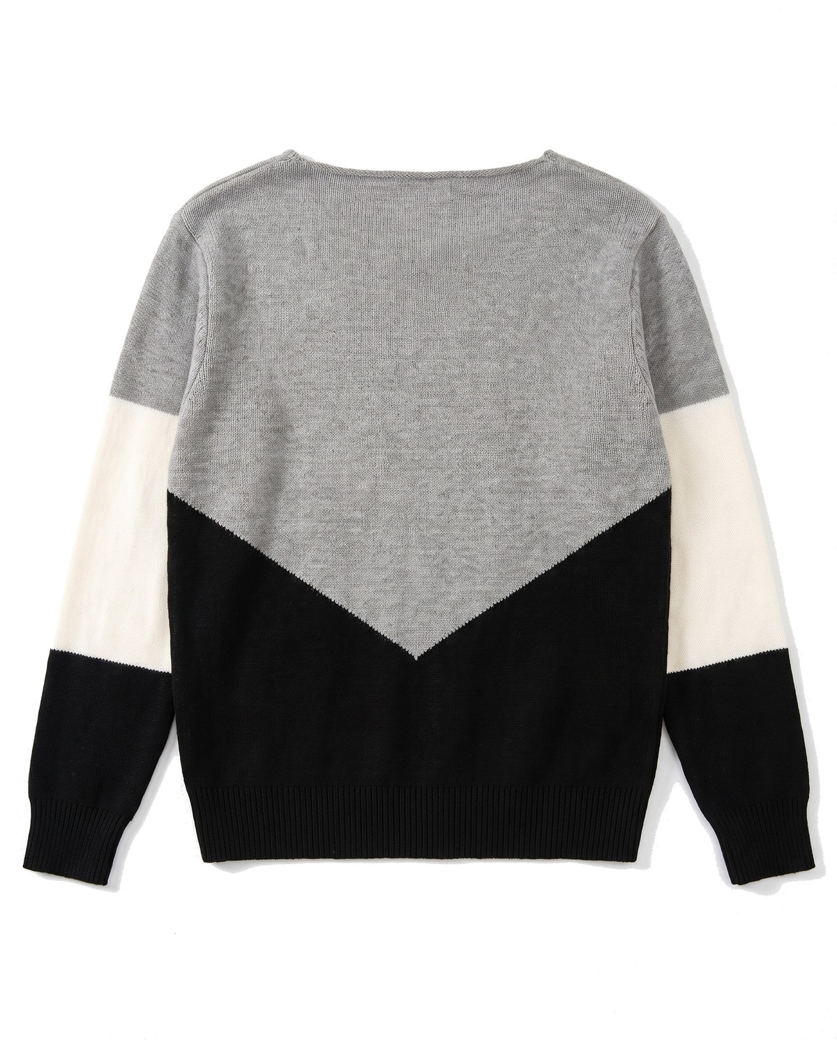 Women's color block boat neck knit sweater in black, grey and cream, back view