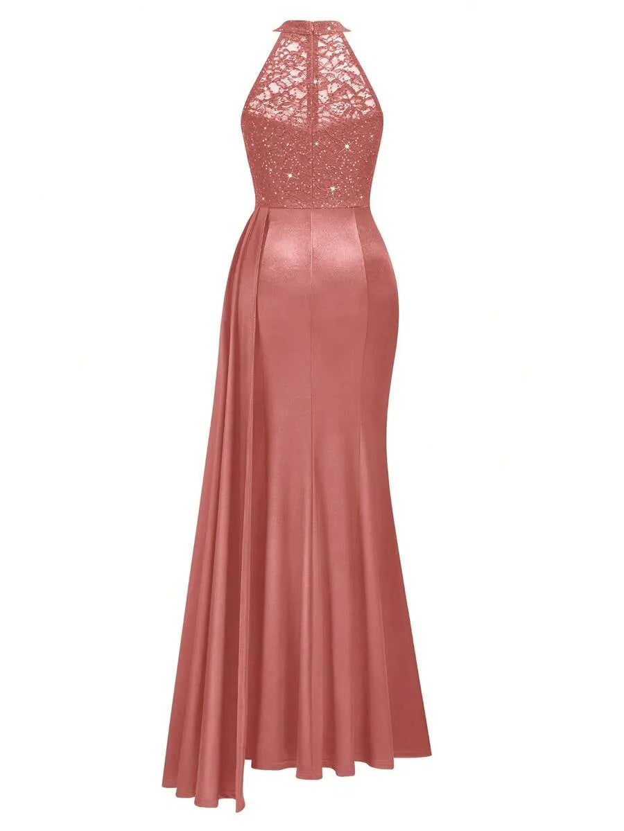 Valentina | Women's Sequin Lace Draped Maxi Evening Dress