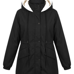 Black fleece lined hooded parka jacket for women, front view