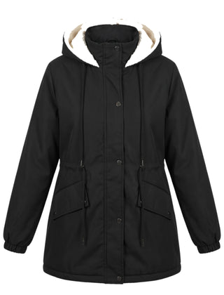 Black fleece lined hooded parka jacket for women, front view