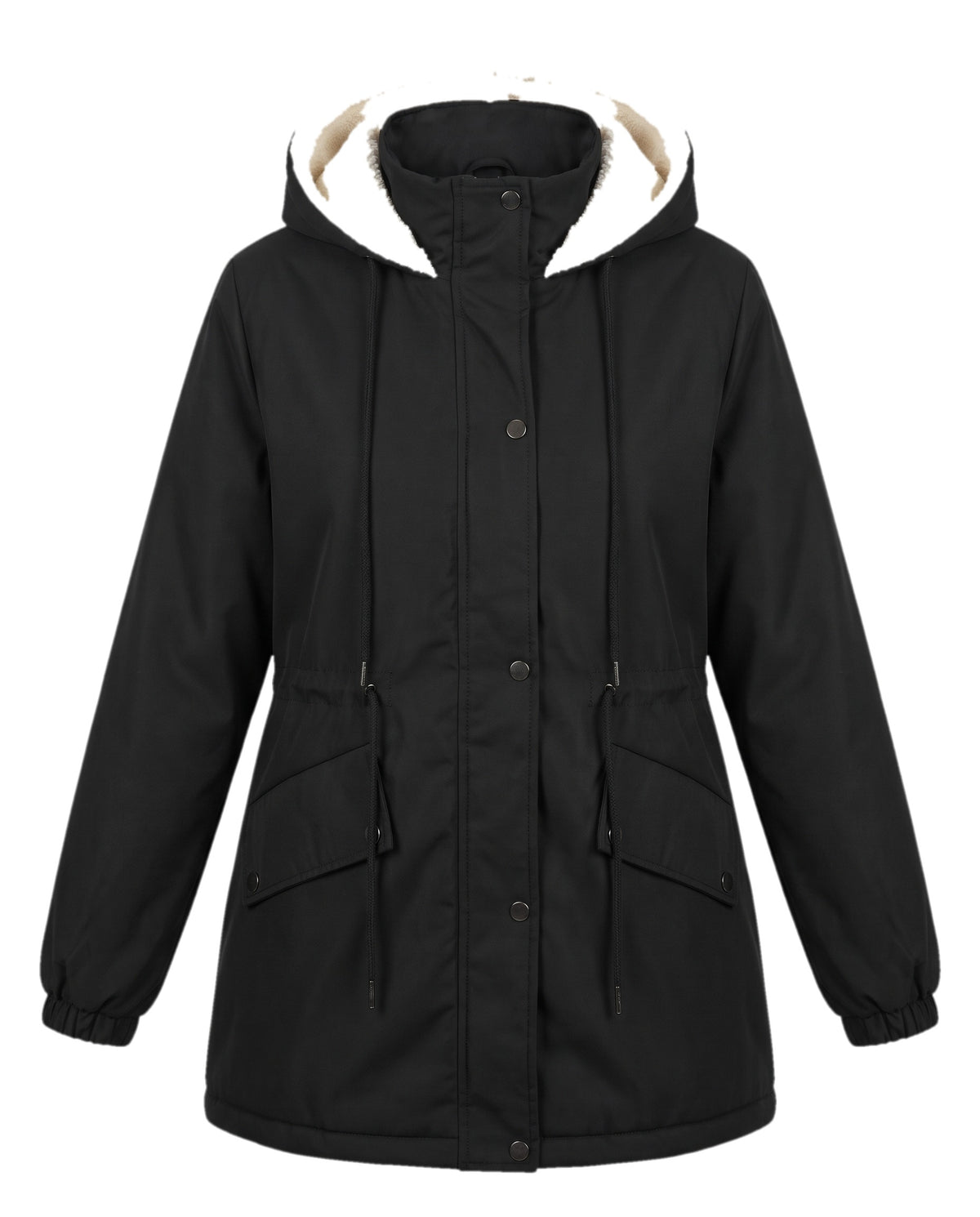 Black fleece lined hooded parka jacket for women, front view