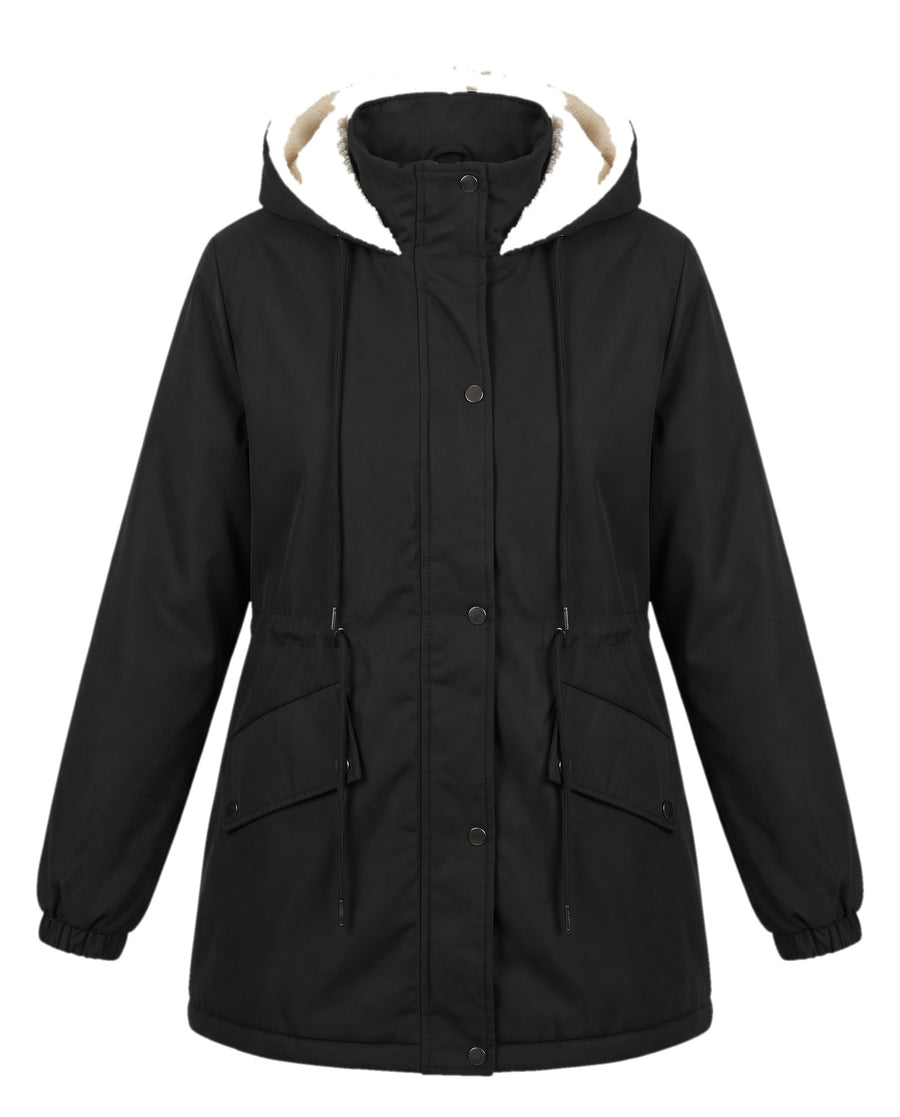 Black fleece lined hooded parka jacket for women, front view