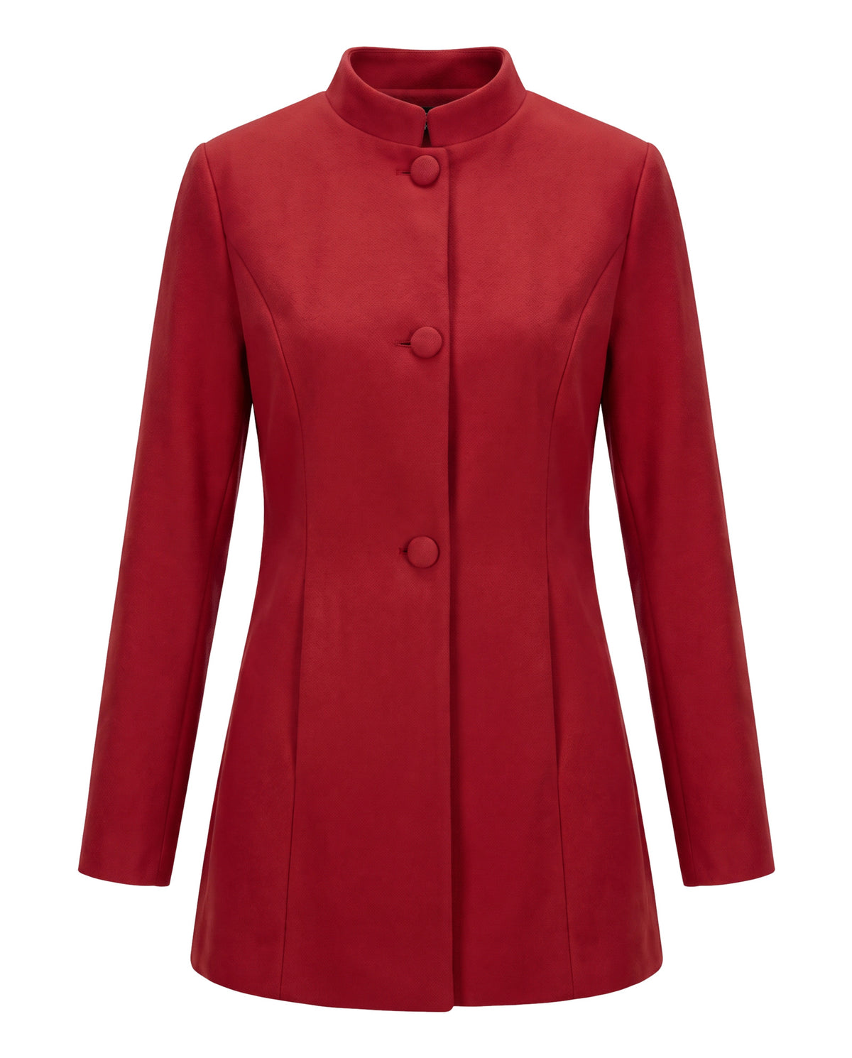 Women's stand collar coat in red, front view