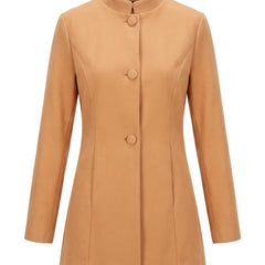 Women's stand collar coat in apricot, front view, covered buttons and princess seams