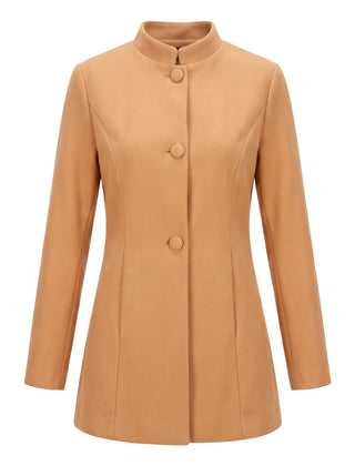Women's stand collar coat in apricot, front view, covered buttons and princess seams