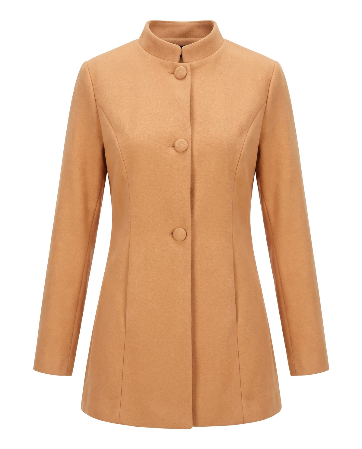 Women's stand collar coat in apricot, front view, covered buttons and princess seams