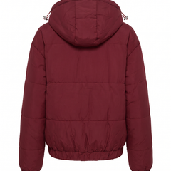 Wine red hooded puffer jacket for women, back view with gathered hem