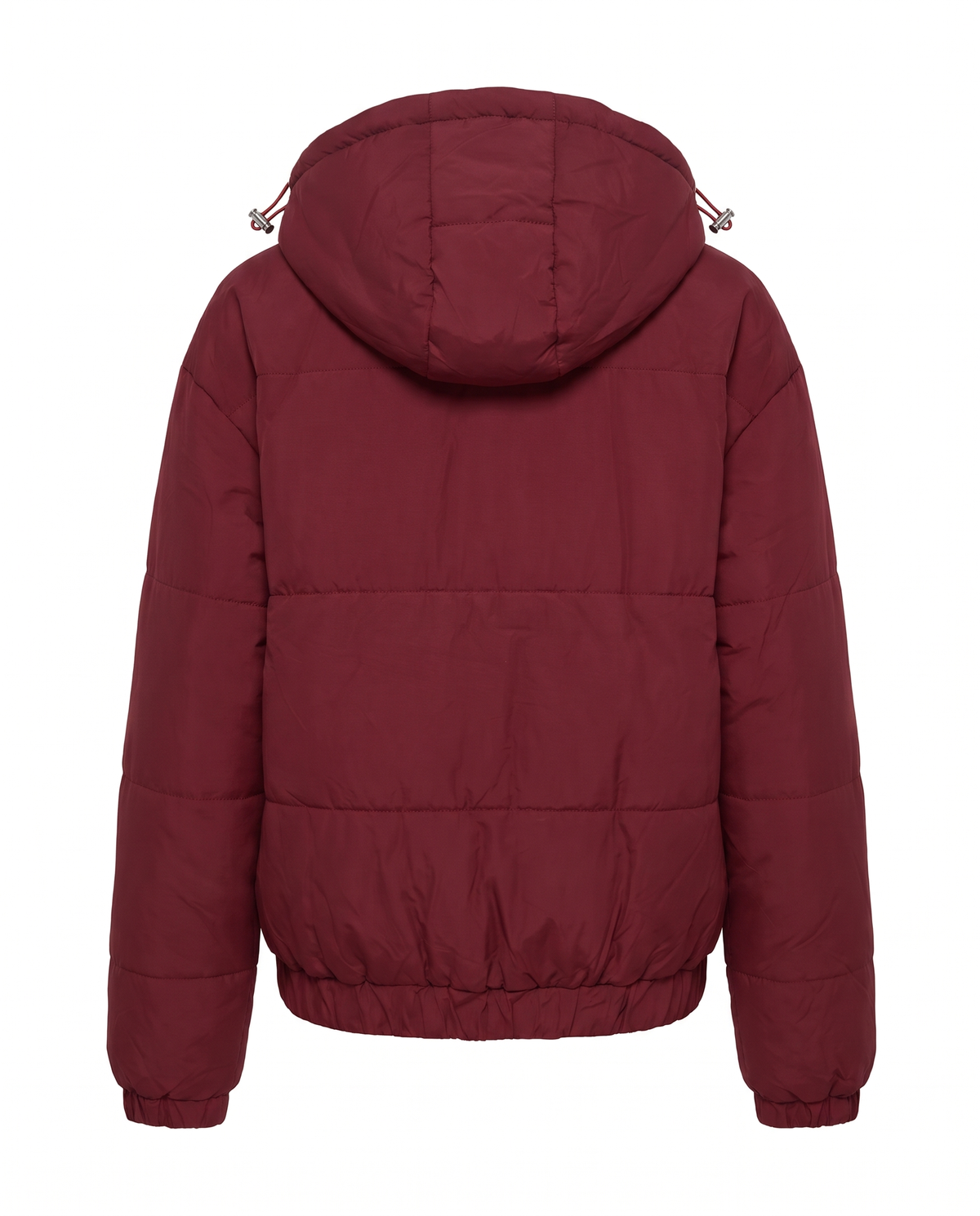 Wine red hooded puffer jacket for women, back view with gathered hem